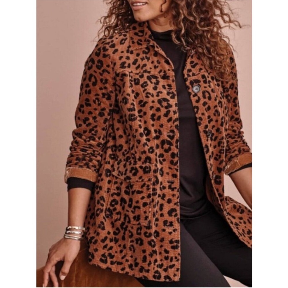 J Jill Tumbled Cord Coat Women Corduroy Button Down Leopard Print Coat Shacket S